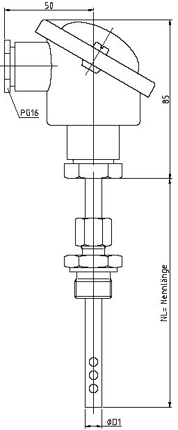 Einschraub-Thermoelemente Form B ähnlich DIN 43764 mit Anschlusskopf <br> Form B DIN 43729 für Luft